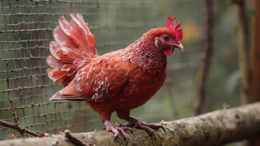 Poule de race domestique au plumage rouge dans un enclos