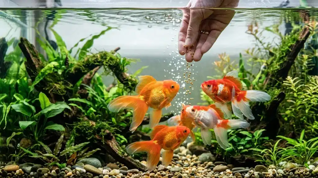 Main versant nourriture à des poissons rouges dans un aquarium