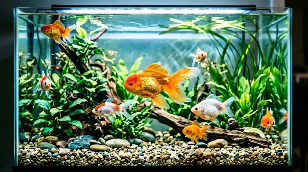 Aquarium avec poissons rouges et blancs, plantes aquatiques vertes