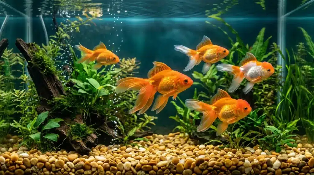 Poissons rouges et blancs nagent dans un aquarium planté