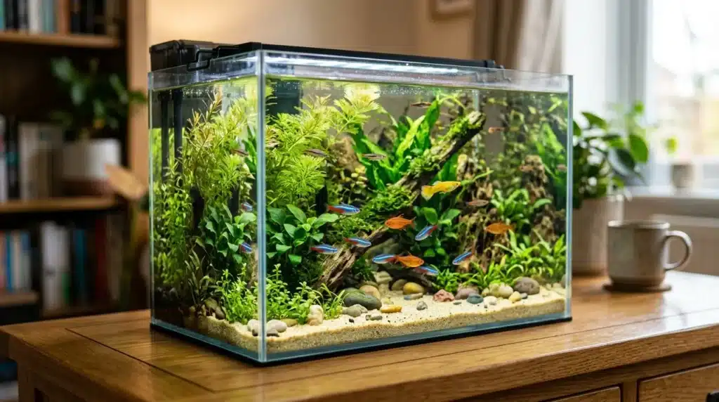 Aquarium avec plantes vertes, poissons colorés et décor naturel