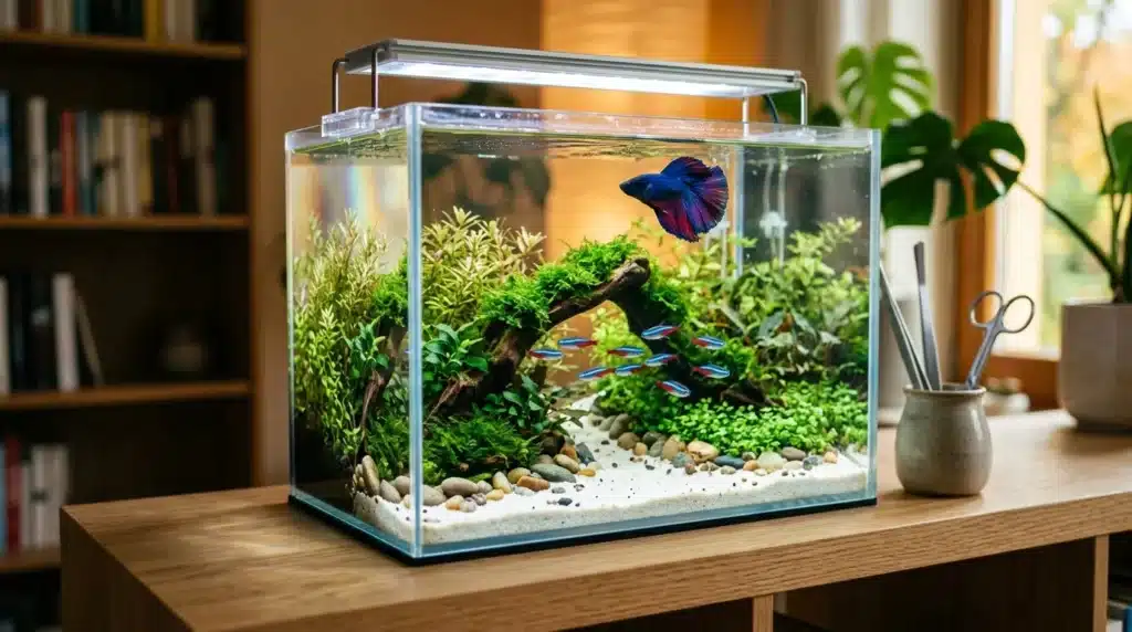 Aquarium moderne contenant un poisson betta bleu et rouge, des plantes vertes