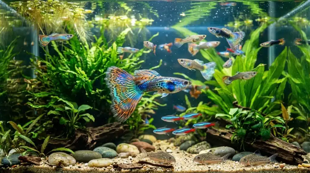Aquarium densément planté avec poissons guppys multicolores et décor naturel