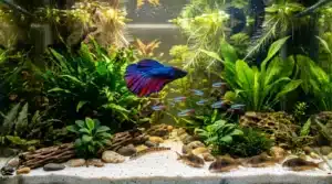 Betta bleu et rouge entouré de petits poissons dans aquarium planté
