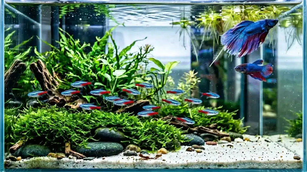 Aquarium avec bettas bleus et poissons rouges, plantes aquatiques vertes