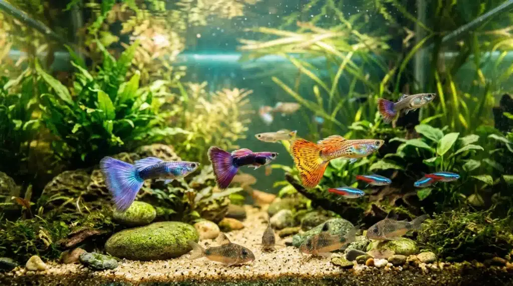 Poissons colorés nagent dans aquarium planté avec végétation aquatique