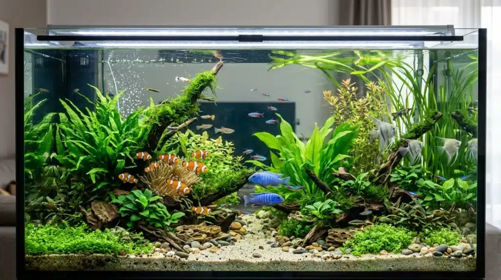 Aquarium avec poissons colorés et végétation aquatique luxuriante