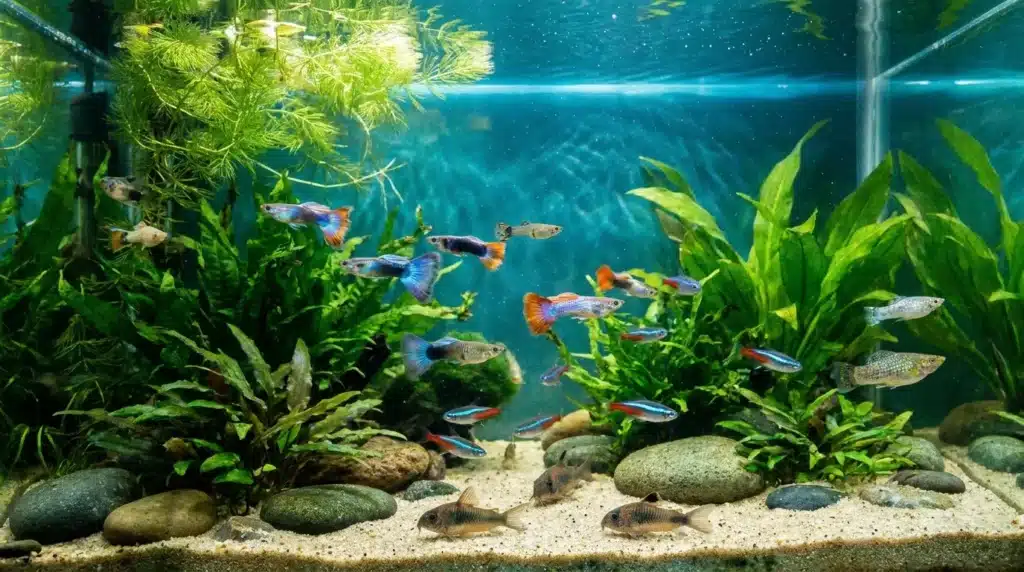 Aquarium avec poissons colorés et plantes aquatiques vertes