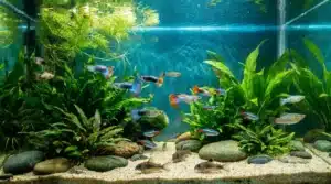 Aquarium avec poissons colorés et plantes aquatiques vertes