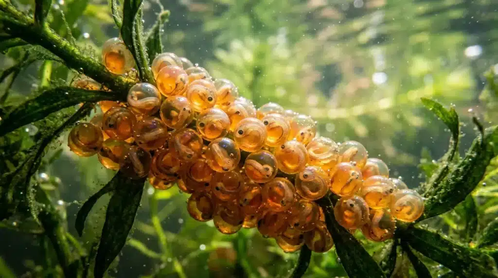 Grappe de baies orange brillantes entourée de feuillage aquatique vert
