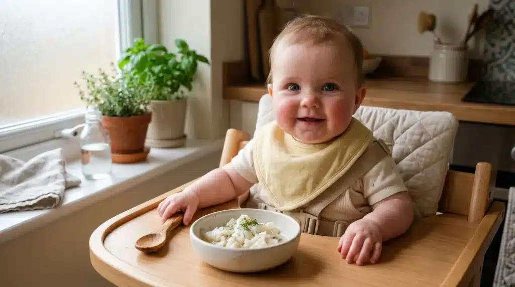 Bébé joyeux mangant une assiette de pâtes à table