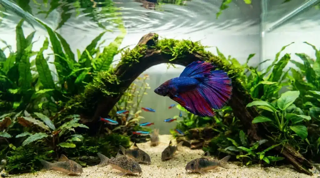 Poisson betta coloré nage parmi plantes aquatiques vertes