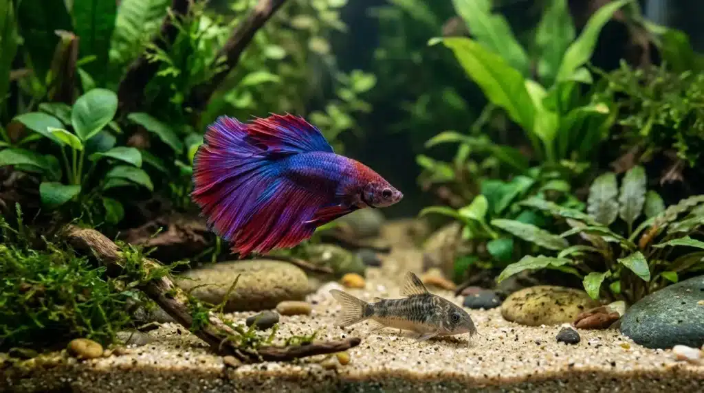 Poisson betta bleu et rouge nageant près d'un corydoras