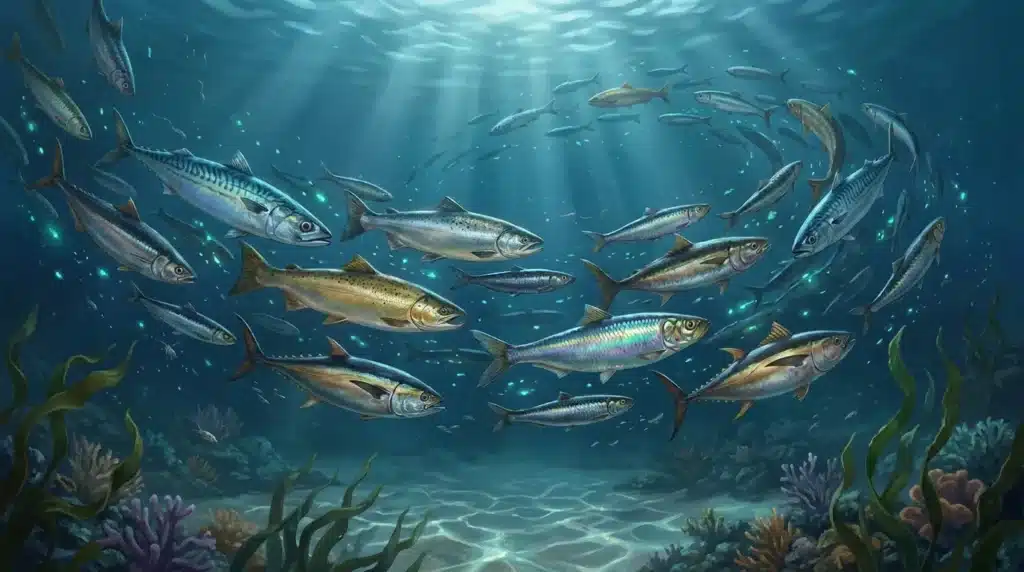 Banc de poissons luminescents nageant dans océan bleu profond