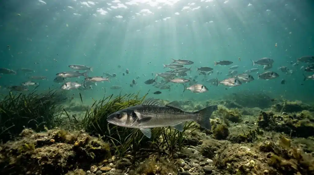 Poissons nagent parmi herbes marines sous-marines
