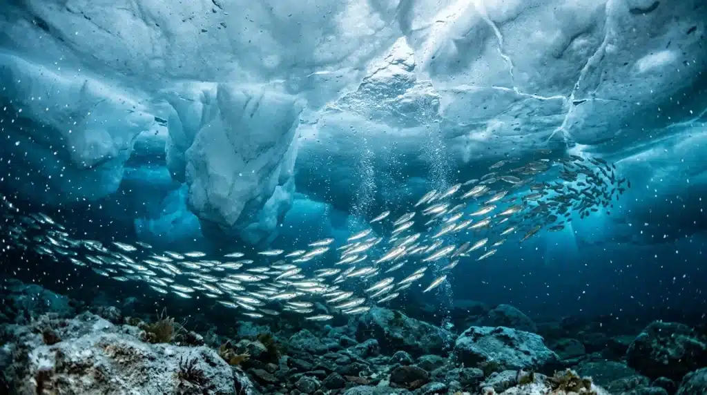 Banc de poissons brillants nageant sous glace épaisse et rocheuse