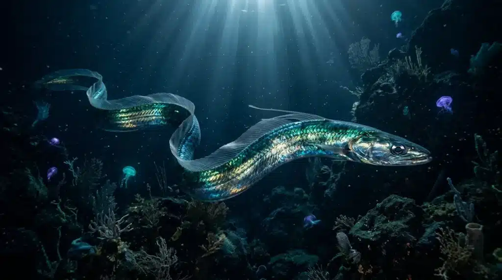 Serpent marin iridescent nageant parmi coraux et méduses