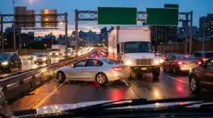 Trafic routier dense sur autoroute urbaine en fin d'après-midi