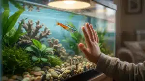 Main d'enfant touchant vitre aquarium avec poisson coloré nommé Steve