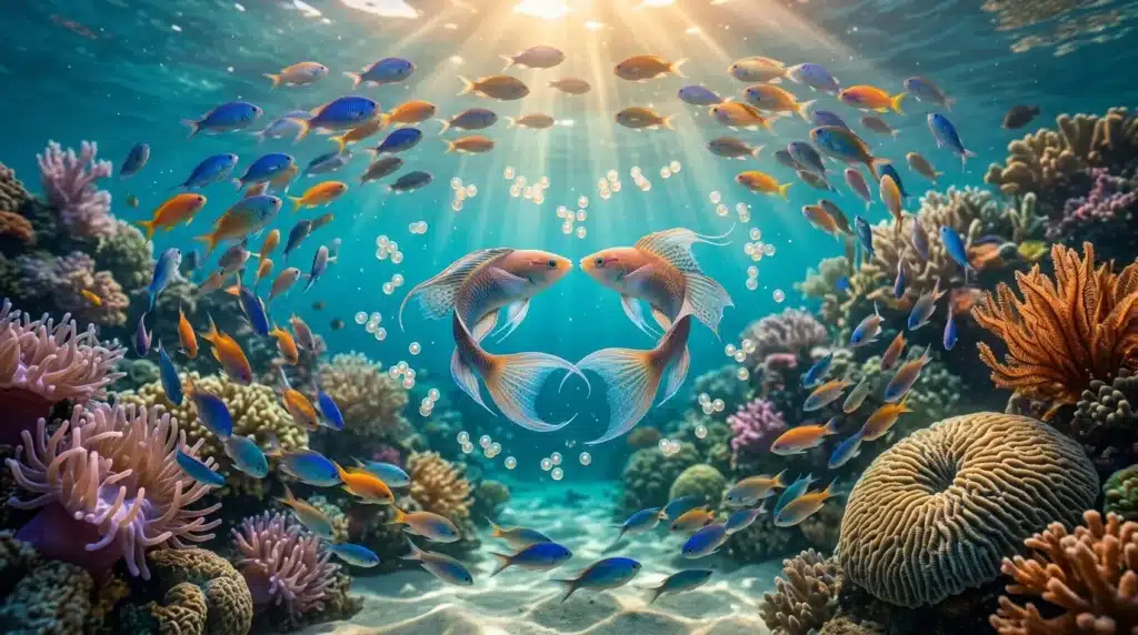 Deux poissons face à face dans récif corallien coloré