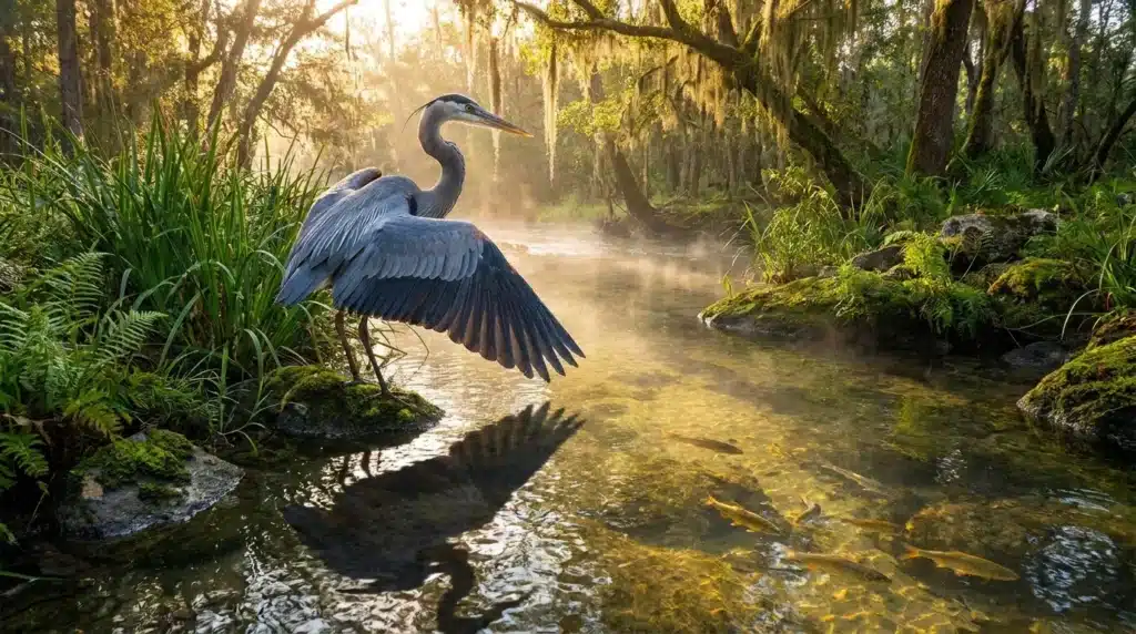 Héron bleu aux ailes déployées dans un cours d'eau marécageux