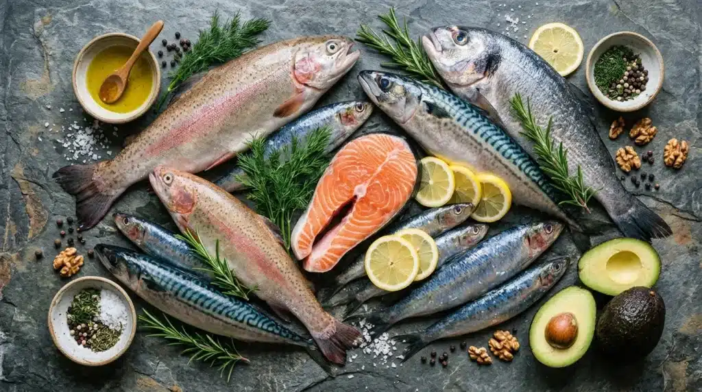 Poissons frais, saumon, avocat, citron, herbes et noix sur pierre