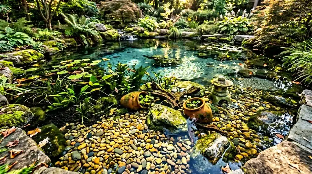Bassin d'eau claire entouré de plantes et pierres mousses