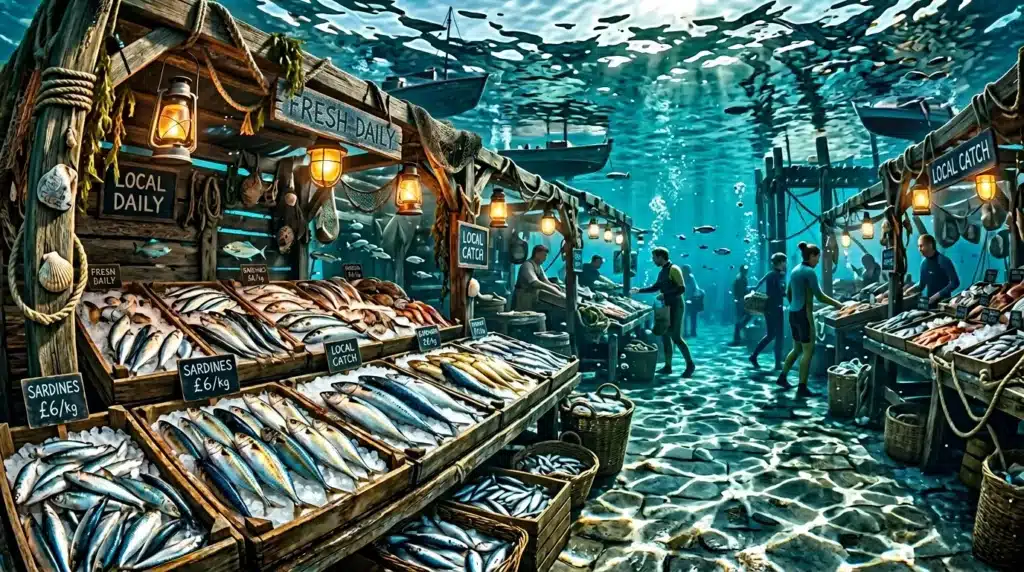 Marché de poissons frais submergé avec vendeurs et clients sous l'eau