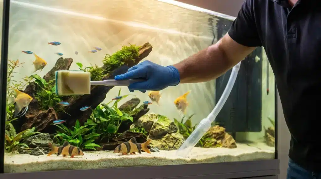 Personne nettoyant un aquarium avec des poissons colorés et plantes aquatiques