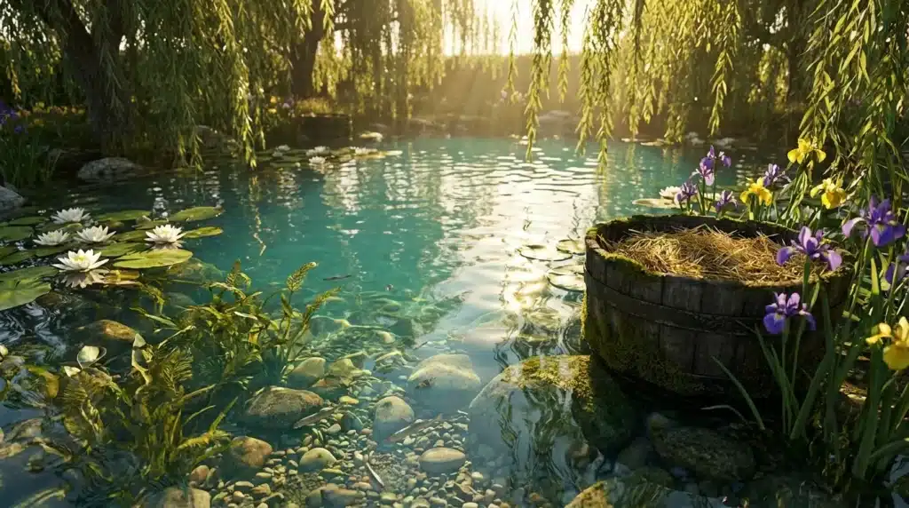 Lagon turquoise entouré de saules et fleurs colorées