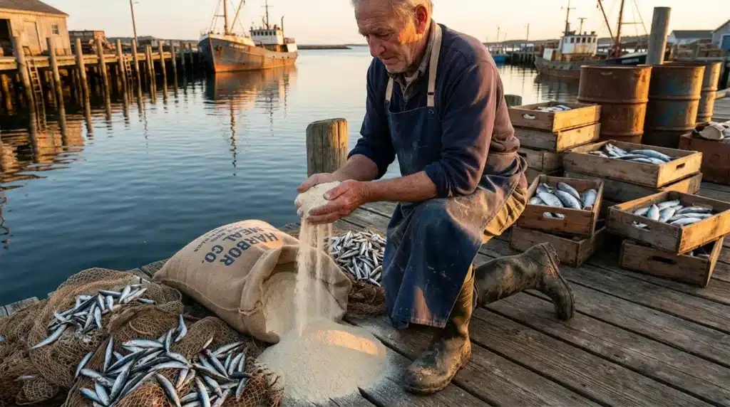 Pêcheur versant du poisson depuis un sac sur le quai