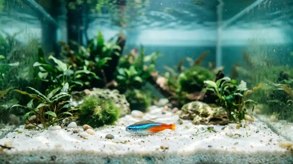 Poisson bleu et orange nageant dans un aquarium planté