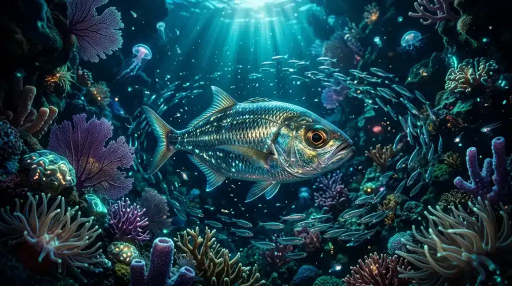 Poisson aux écailles argentées nageant parmi coraux colorés luminescents