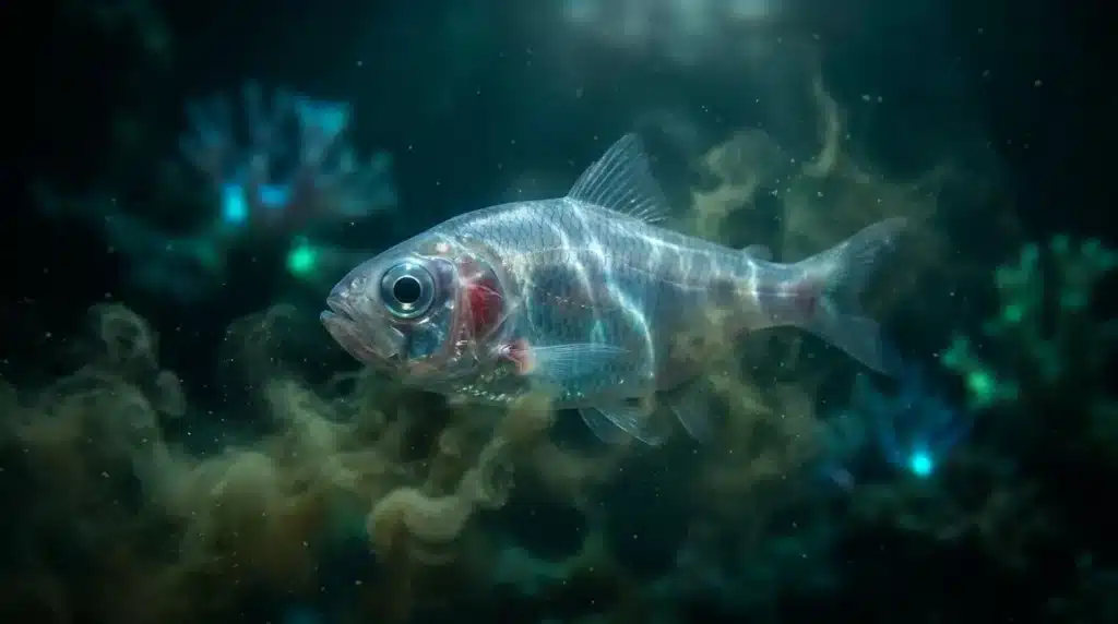 Poisson transparent avec yeux lumineux en eau profonde