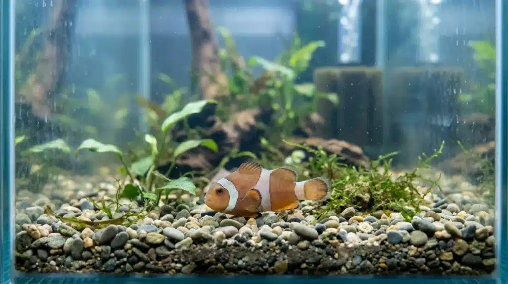 Poisson clown orange et blanc nageant sur gravier d'aquarium