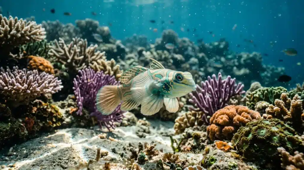 Petit poisson blanc et bleu nageant parmi coraux colorés