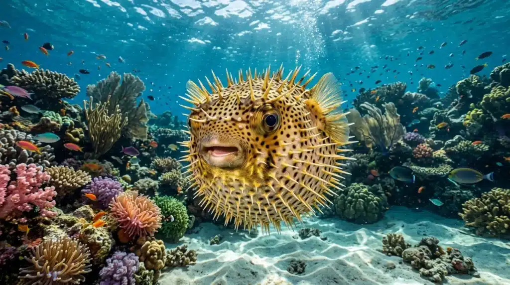 Poisson-globe jaune épineux entouré de coraux colorés
