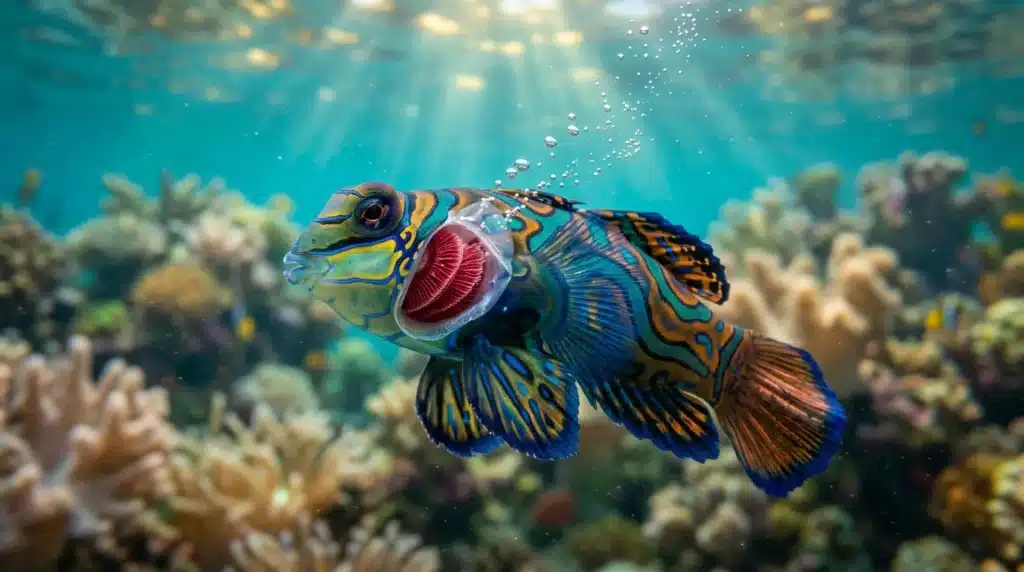 Poisson mandarin aux couleurs vives nageant dans un récif corallien