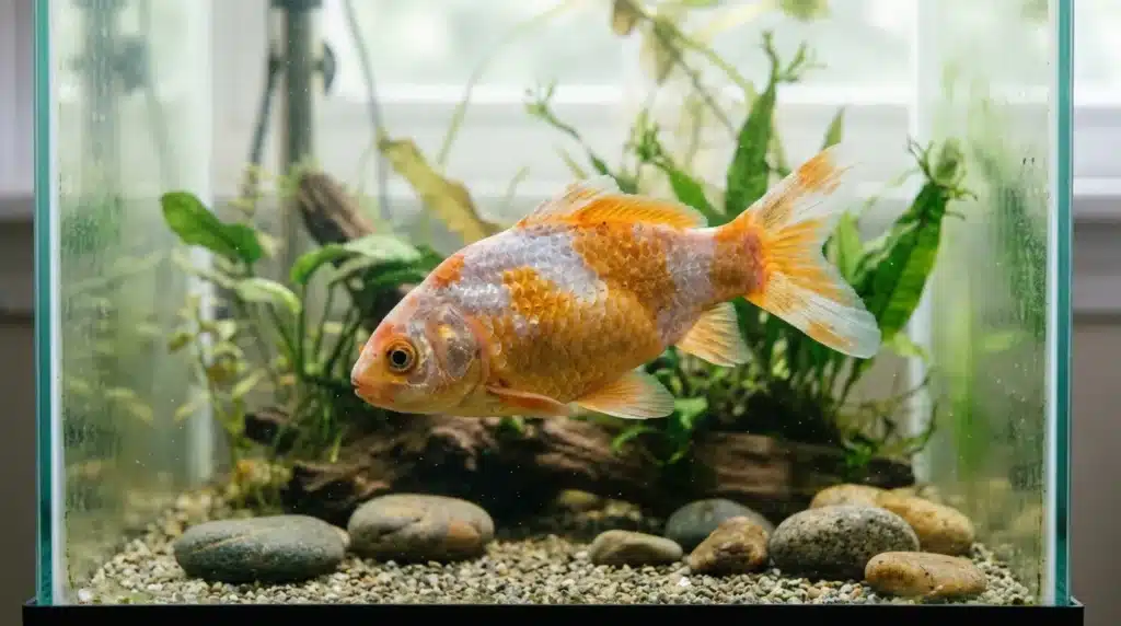 Poisson rouge nageant dans un aquarium avec plantes vertes