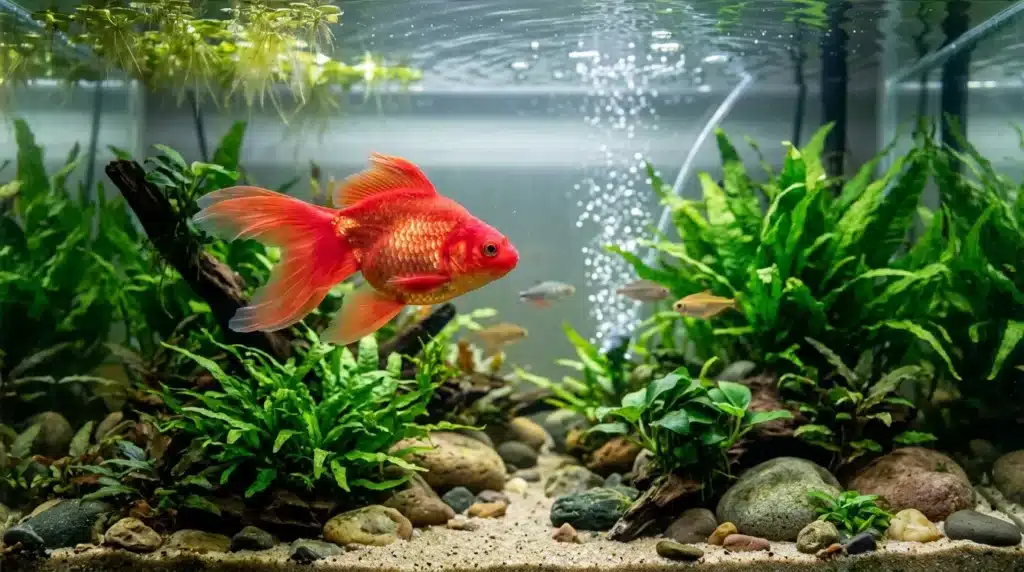 Poisson rouge nageant entre plantes aquatiques vertes
