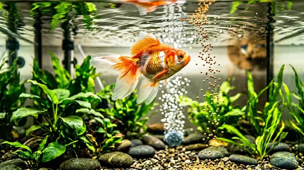 Poisson rouge nageant dans un aquarium avec plantes vertes