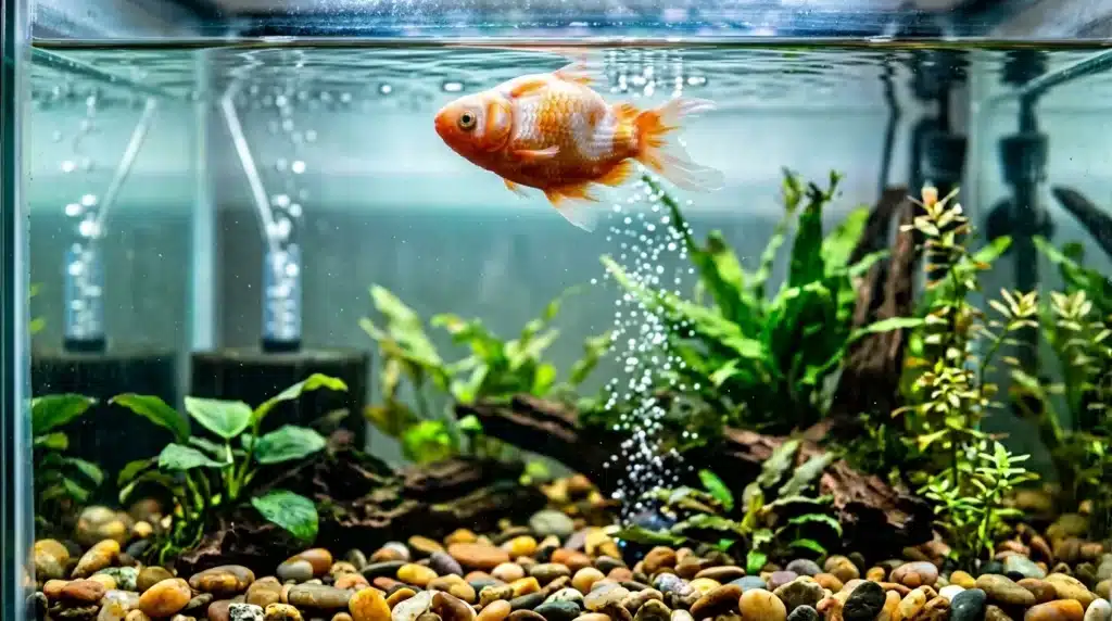 Poisson rouge nageant dans aquarium avec plantes et cailloux