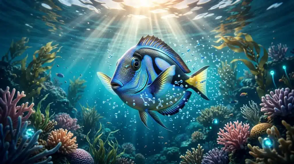 Poisson bleu coloré nageant parmi coraux multicolores sous-marins