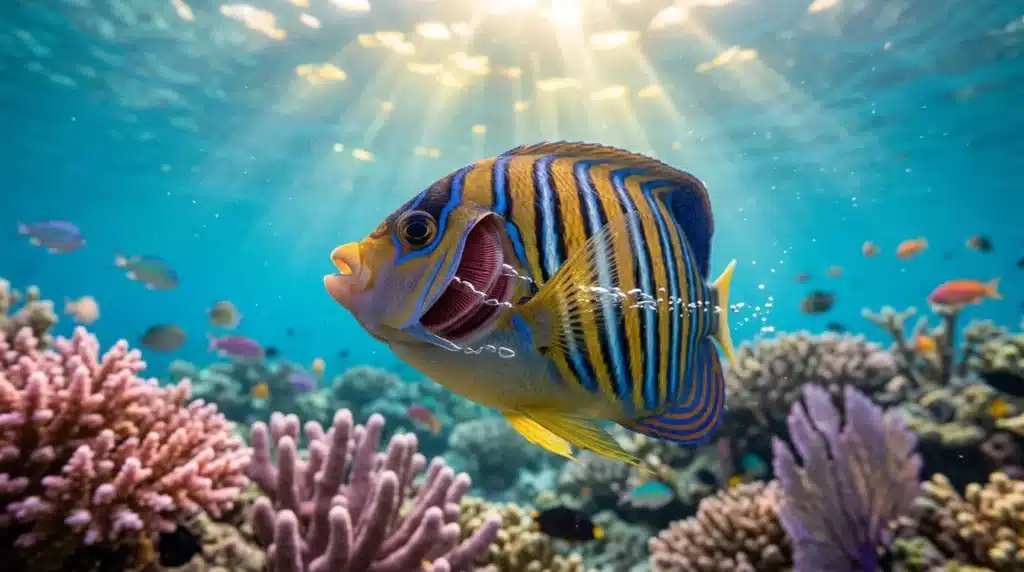 Poisson rayé bleu et jaune nageant parmi coraux roses