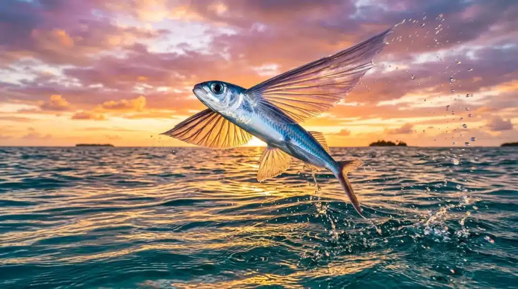 Poisson volant au-dessus de l'océan au coucher de soleil