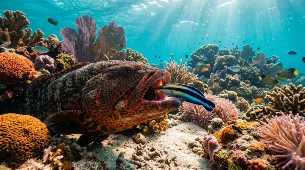 Gros poisson coloré attrapant petit poisson bleu près corail
