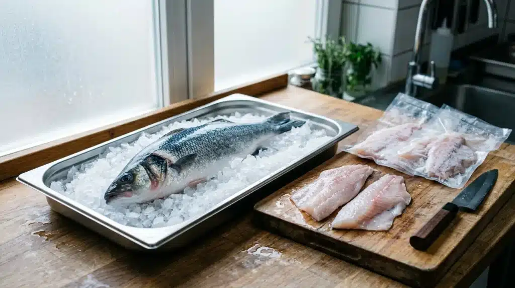 Poisson entier sur glace et filets de poisson frais sur planche