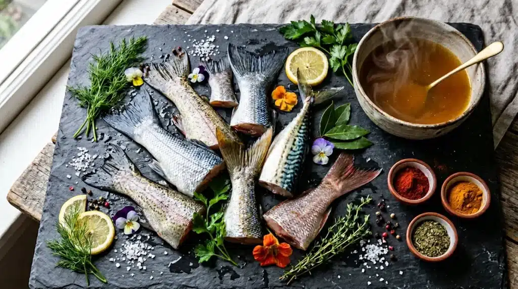 Poissons crus avec herbes, citron, épices et fleurs comestibles