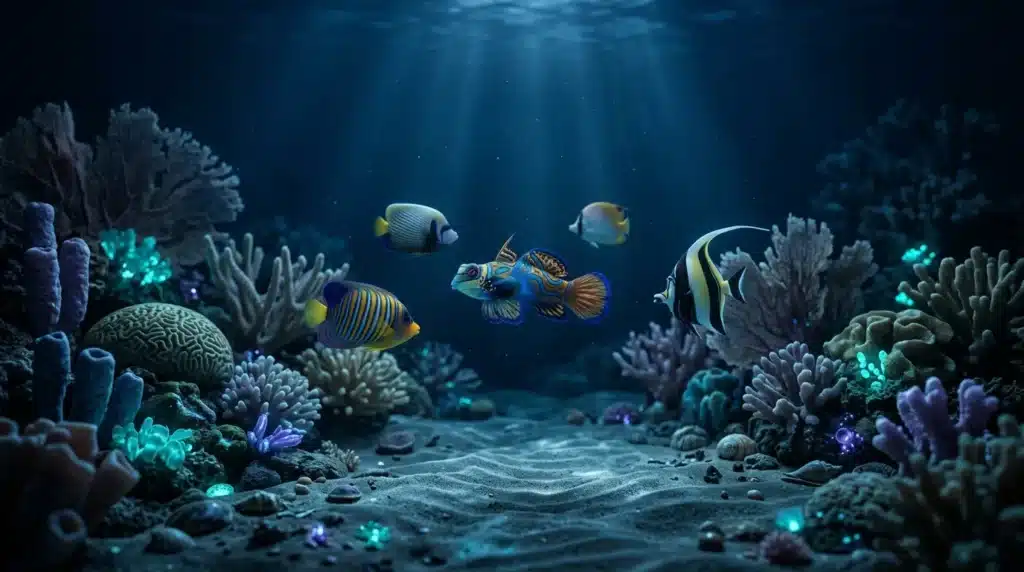 Poissons tropicaux nagent parmi coraux bioluminescents bleus