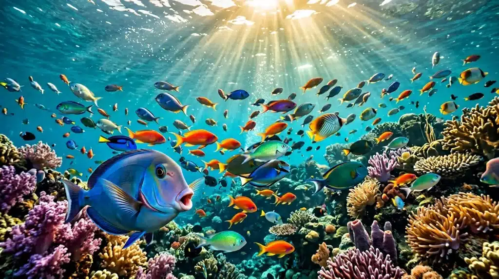 Poissons multicolores nagent autour de coraux vibrants sous rayons solaires